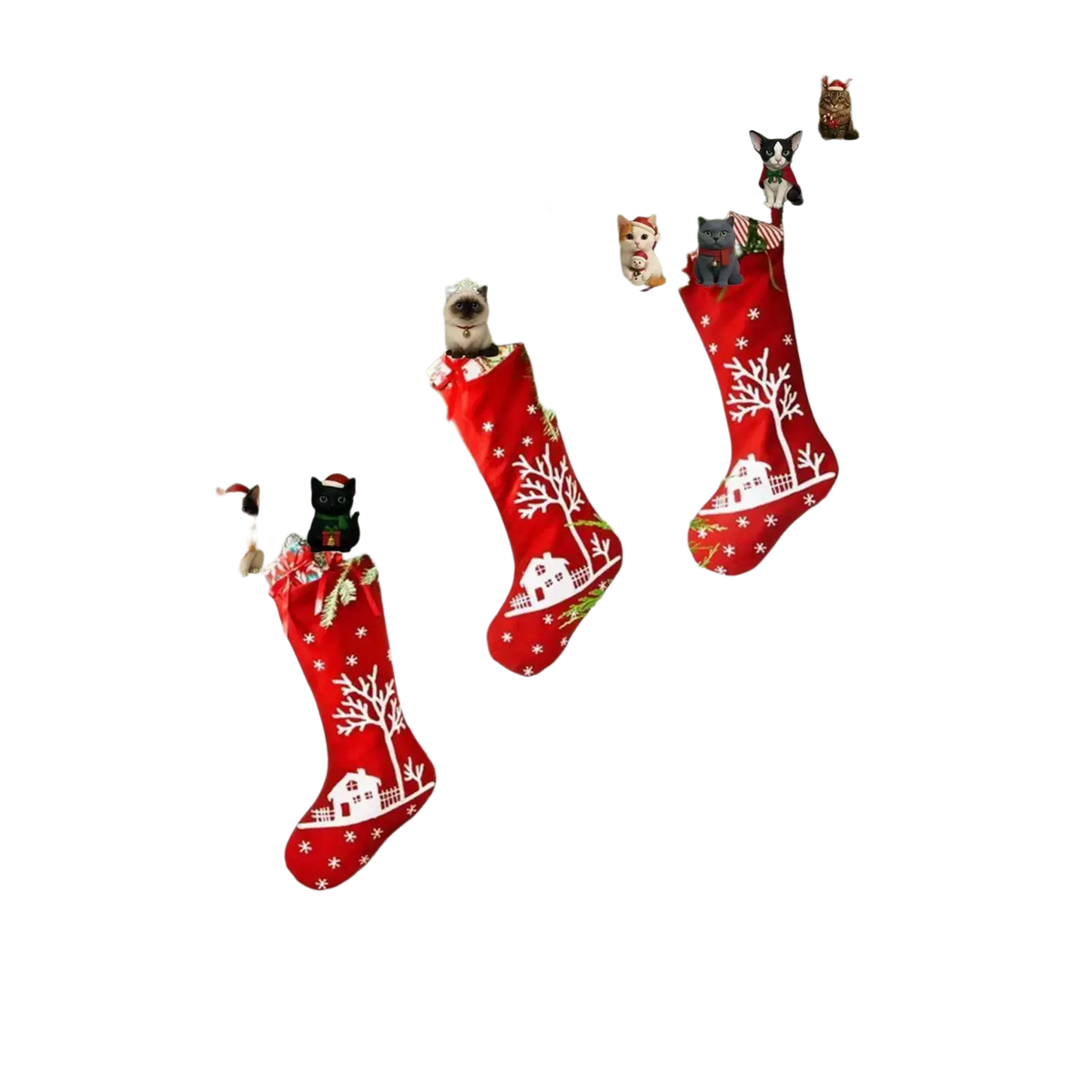 Red acrylic cat tree decor christmas calendar countdown with 24 day red stockings on decorated staircase