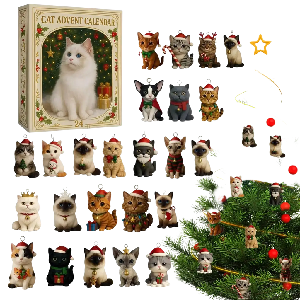White fluffy cat with blue eyes on a christmas calendar countdown 24 day acrylic cat tree decor box