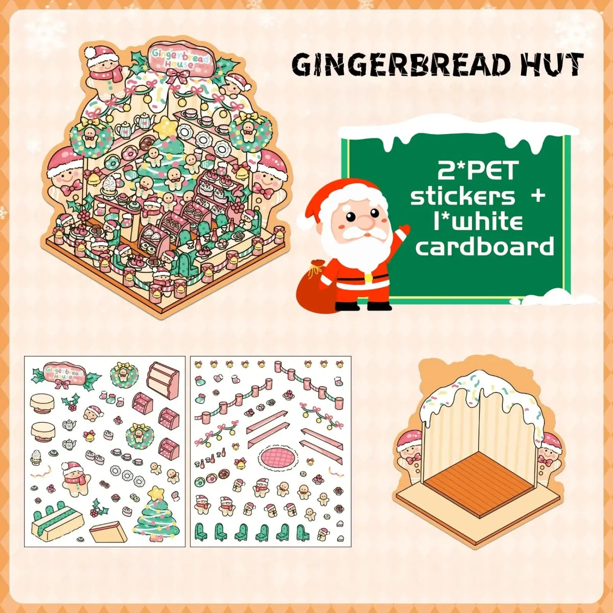 A festive gingerbread hut craft kit featuring a detailed miniature house with candy decorations and Santa Claus illustrations
