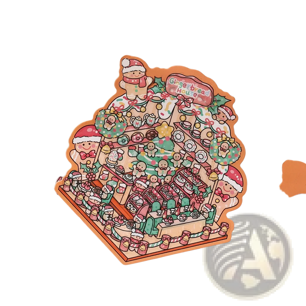 A festive gingerbread house sticker set with cute cartoon characters, colorful holiday decorations, and an orange border