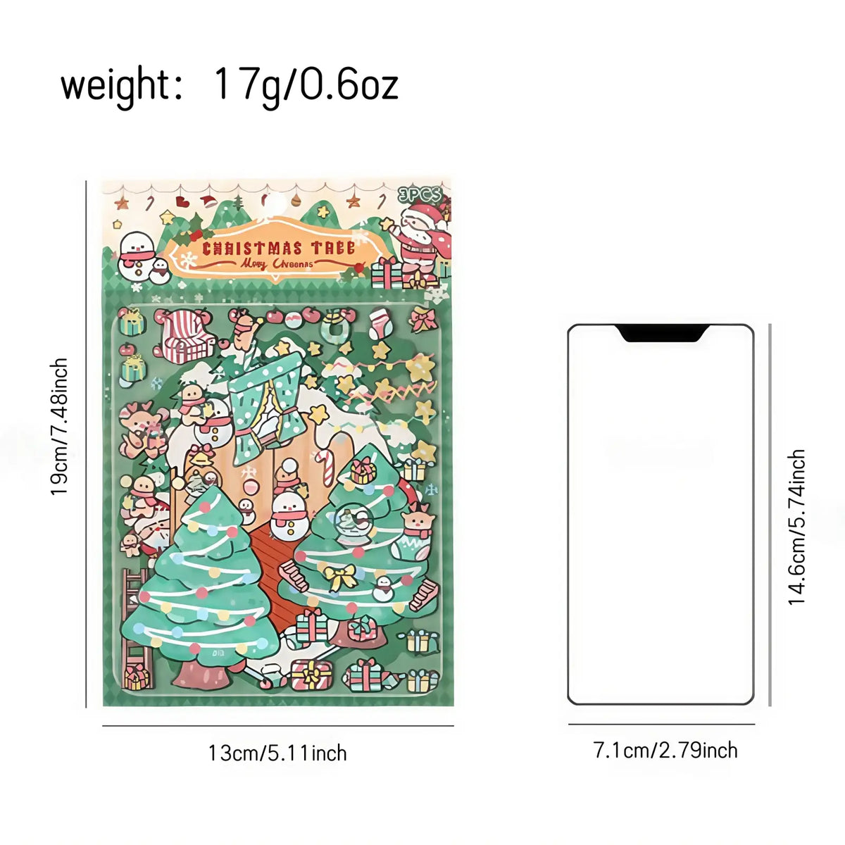 A festive green christmas tree sticker sheet with cute snowmen santa claus and holiday decorations for journals