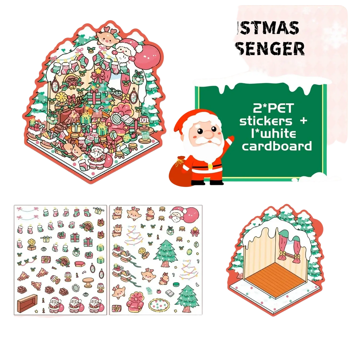 Christmas cartoon sticker set featuring festive santa gifts and holiday decor on transparent pet sheets for journaling