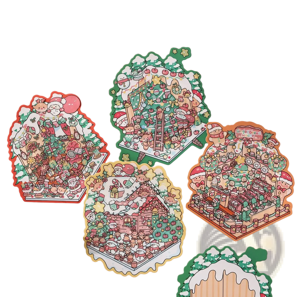 Christmas cartoon sticker set featuring die-cut festive santa snowmen and gingerbread houses in red green pink and gold