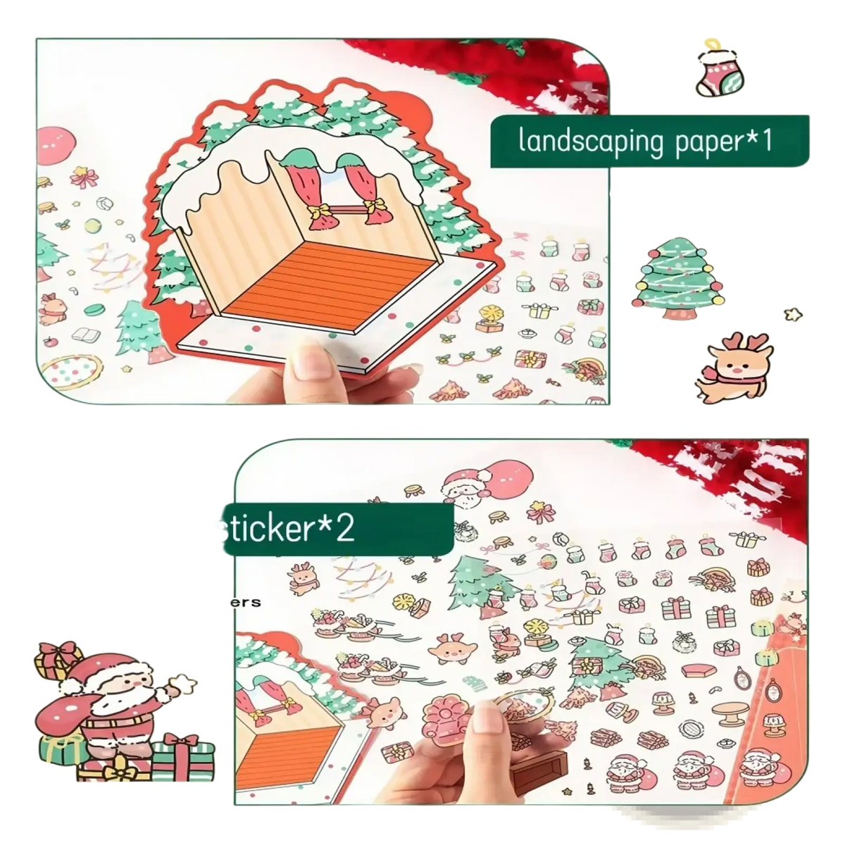 Christmas cartoon sticker set featuring colorful die-cut pet stickers with festive characters and holiday scenes