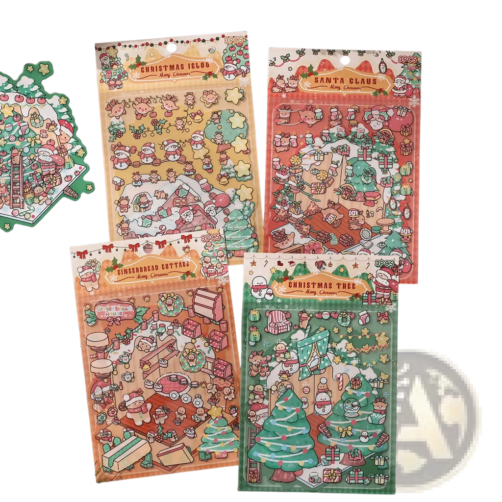 Christmas cartoon sticker set featuring festive santa claus snowmen gingerbread houses and trees in soft pastel colors