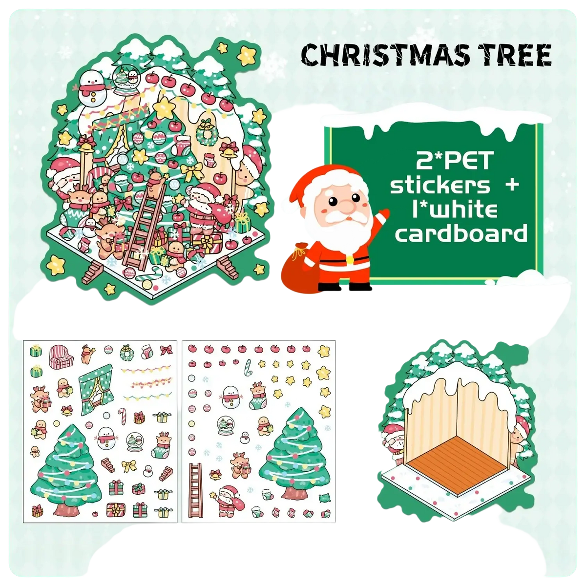 A festive christmas cartoon sticker set featuring whimsical green tree branches with red ornaments and candy canes