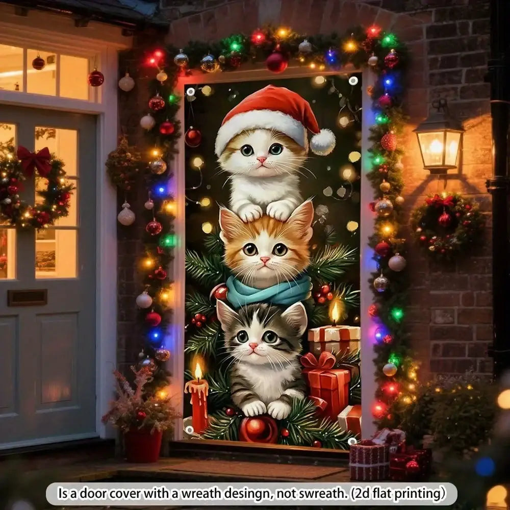 A christmas cat door cover featuring three kittens in holiday attire with pine branches ornaments candles and gifts