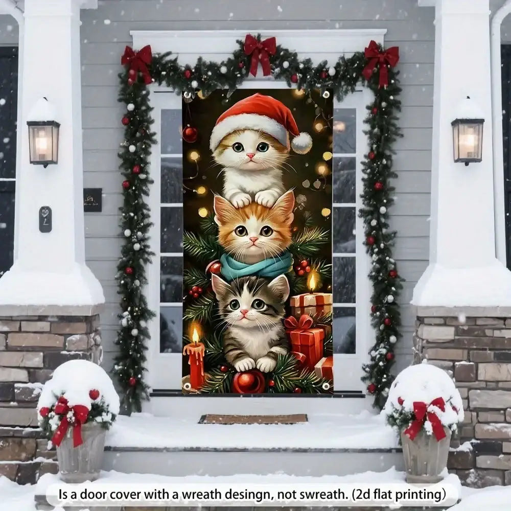 Christmas cat door cover featuring three kittens in holiday attire with red bows and green garlands for festive decoration