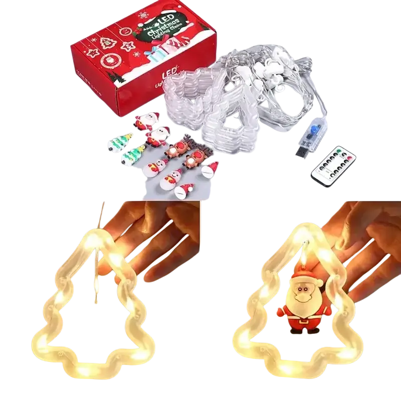 Clear plastic christmas curtain string lights shaped like trees with warm glow and interchangeable santa and snowman figurines