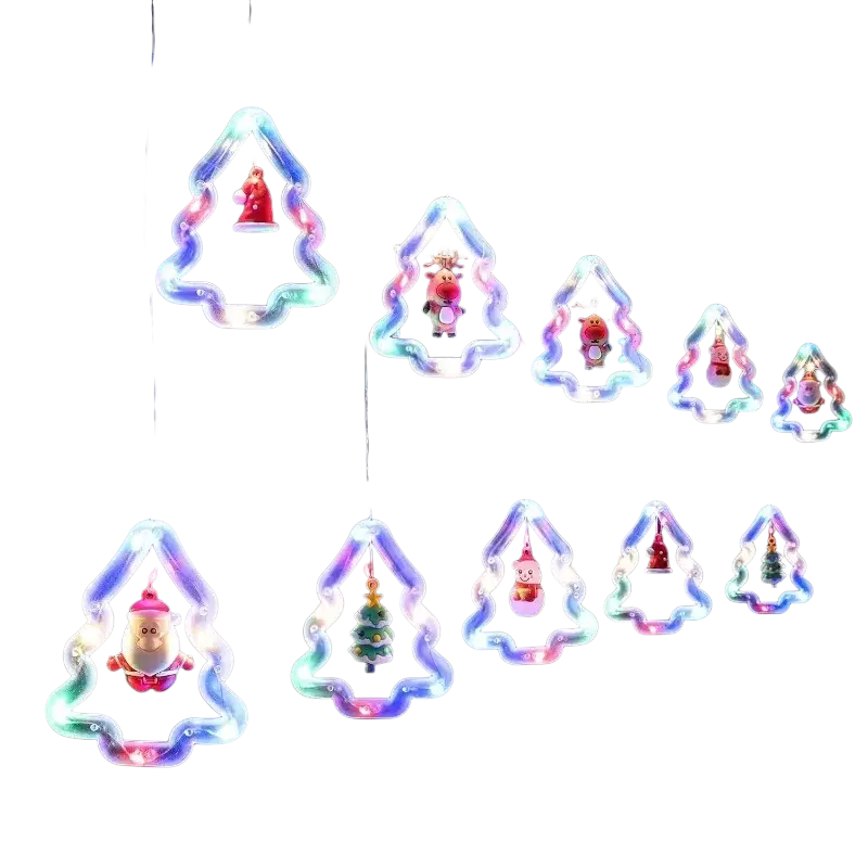Illuminated christmas curtain string lights with colorful led lights and santa and snowman decorations in plastic frames