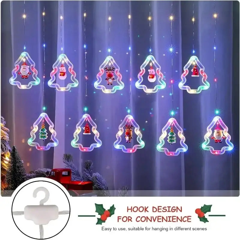 Christmas curtain string lights with colorful led tree-shaped outlines featuring santa and snowman figurines for decoration