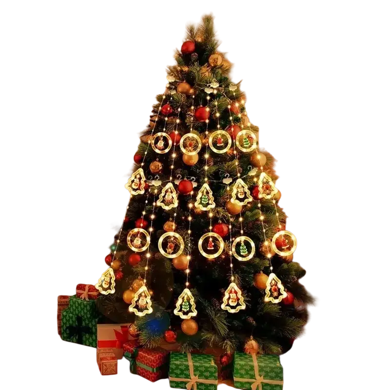 A warmly lit christmas tree decorated with red and gold ornaments and glowing curtain string lights for christmas decoration