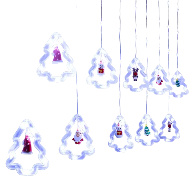 White led christmas curtain string lights with tree-shaped decorations featuring illuminated santa and snowman figures