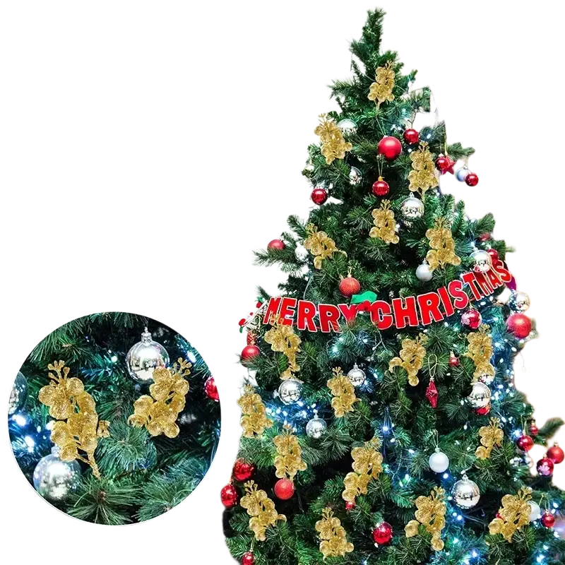 A festive christmas decoration glitter flower bouquet with red and silver ornaments and a merry christmas banner