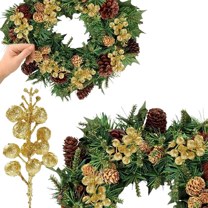 A glittery gold and brown pinecone garland with faux green foliage for 20pcs christmas decoration flower bouquet