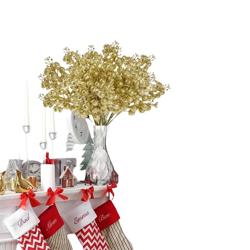 A shimmering gold artificial flower bouquet with 20pcs christmas decoration glitter berries in a clear glass vase