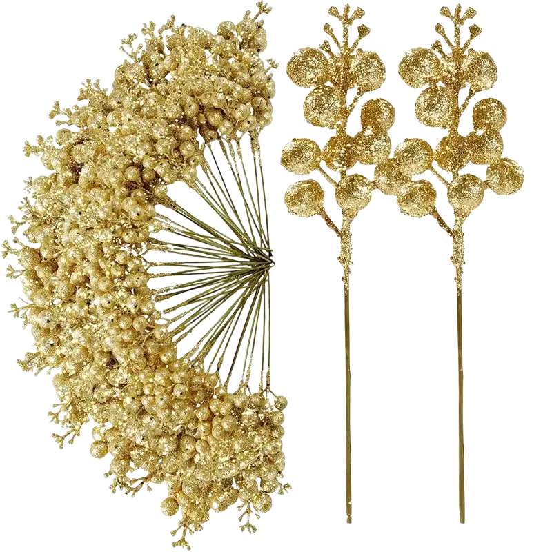 Golden glittery berry branches in a 20pcs christmas decoration flower bouquet with sparkling finish for festive decor