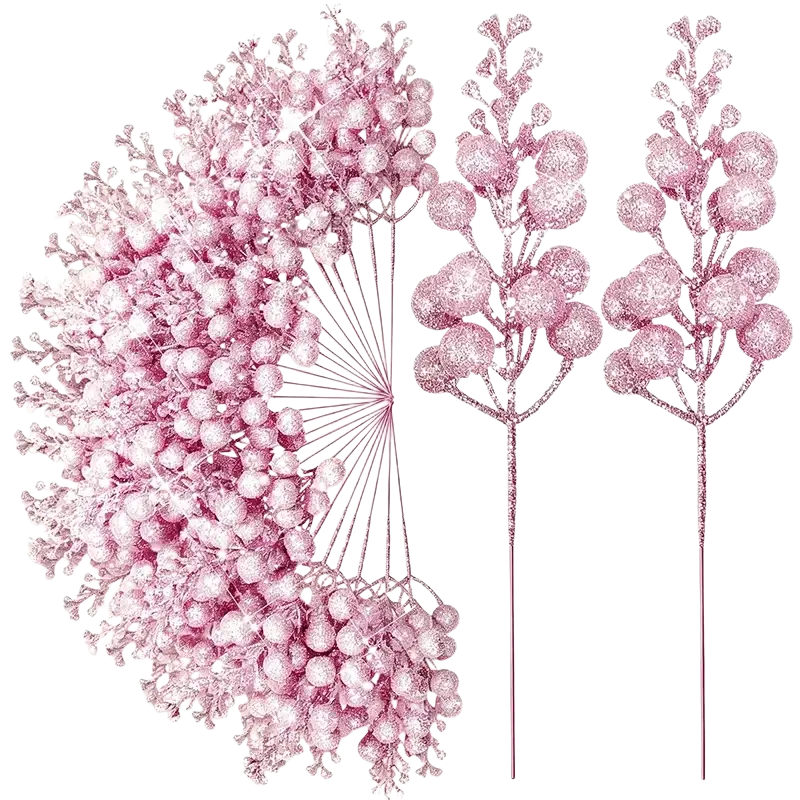 Pink glittery artificial berry branches with sparkly textured finish in 20pcs christmas decoration flower bouquet