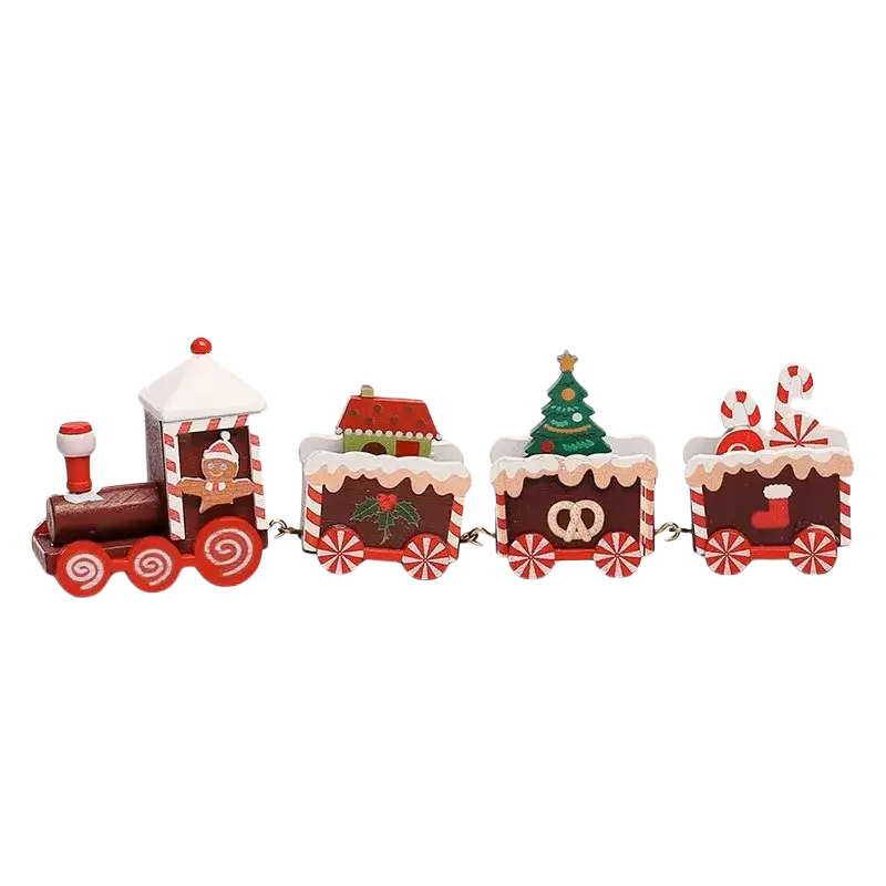 A festive red and white wooden christmas decorations train with candy cane wheels and holiday figures for tree ornament