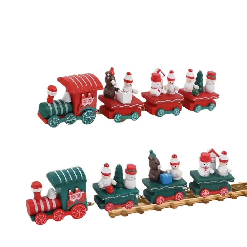 Red and green wooden christmas decorations train featuring snowmen bear and miniature trees for xmas tree ornament