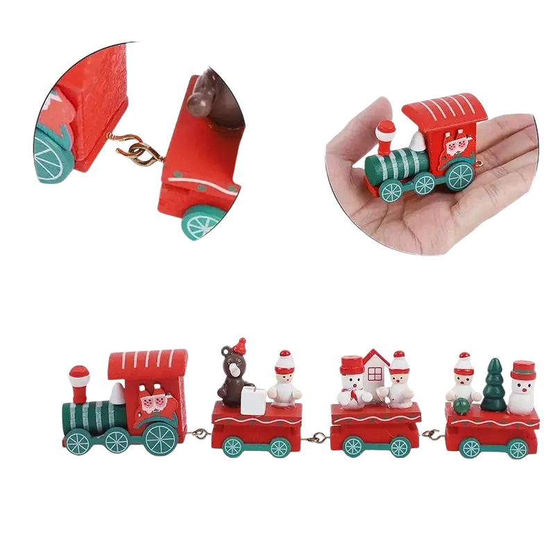 Red and green wooden christmas decorations train featuring snowmen, a bear, and a tiny house for xmas tree display