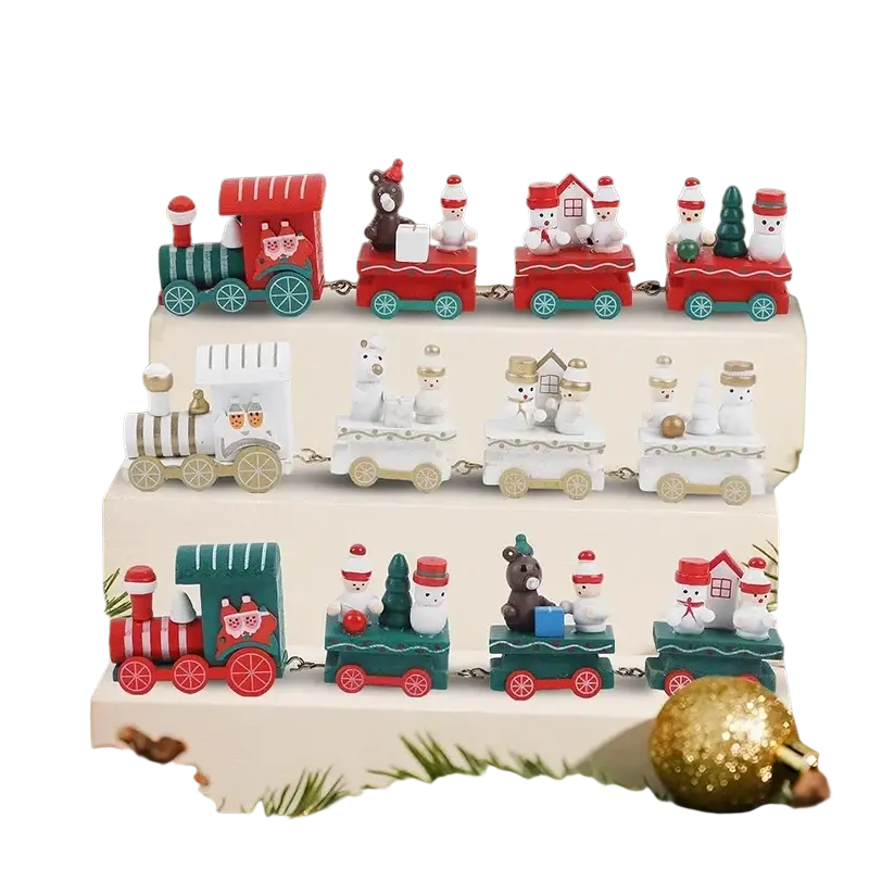 Red and green wooden christmas decorations train xmas with snowmen bears and houses for tree ornament