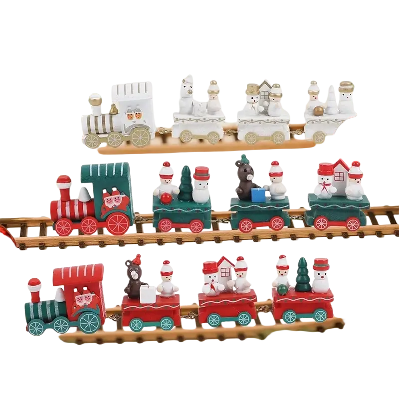 Red and green wooden christmas decorations train with snowmen bears festive houses for xmas tree ornament