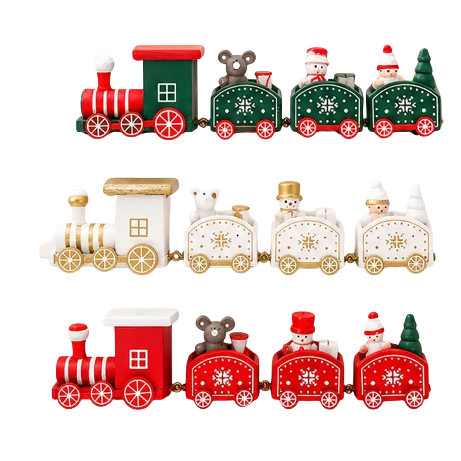 Red and green wooden christmas decorations train with snowflake designs and miniature bears and snowmen for xmas tree ornament