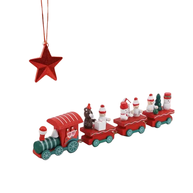 Red and teal wooden christmas decorations train ornament featuring snowmen and a bear for xmas tree decor