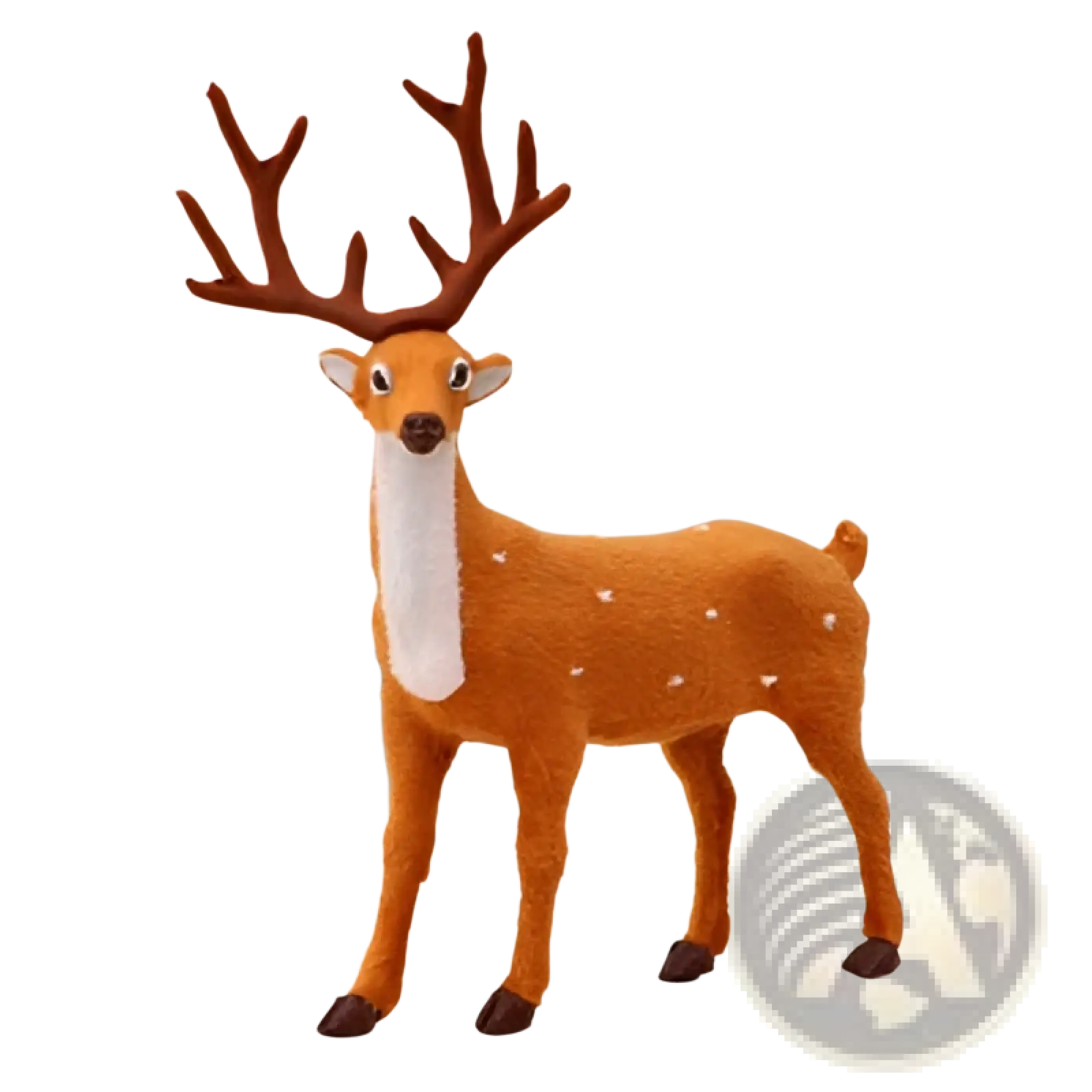 A charming orange plastic Christmas deer plush toy with brown antlers and a white spotted neck