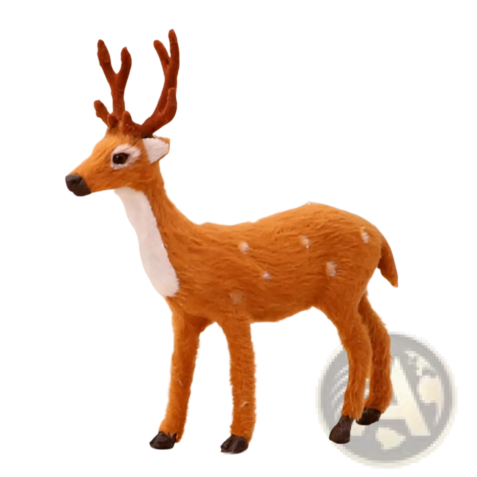 A charming orange felt christmas deer plush toy with white spots and dark brown festive antlers standing on black feet
