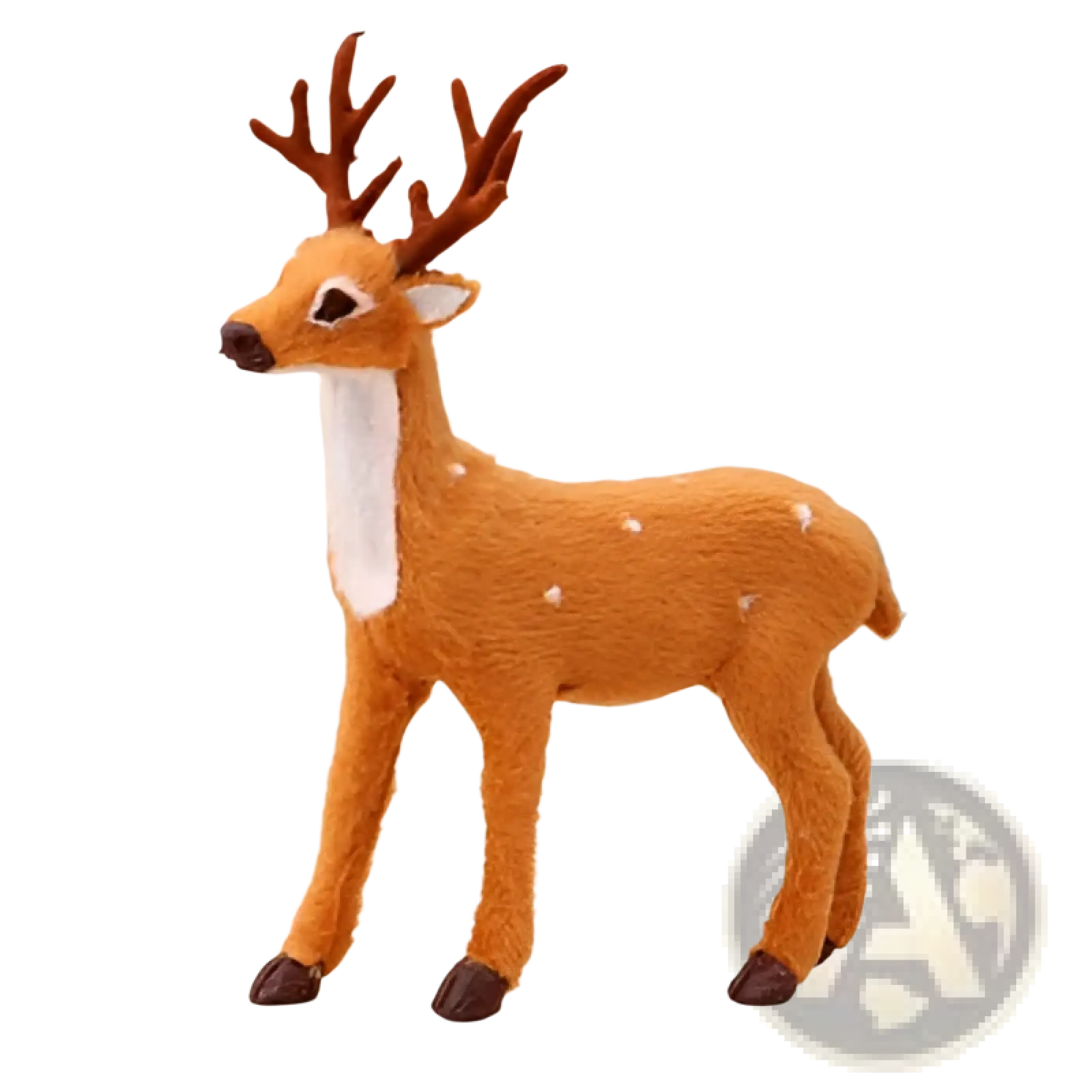 A charming orange deer plush toy with white spots and festive antlers made from soft material