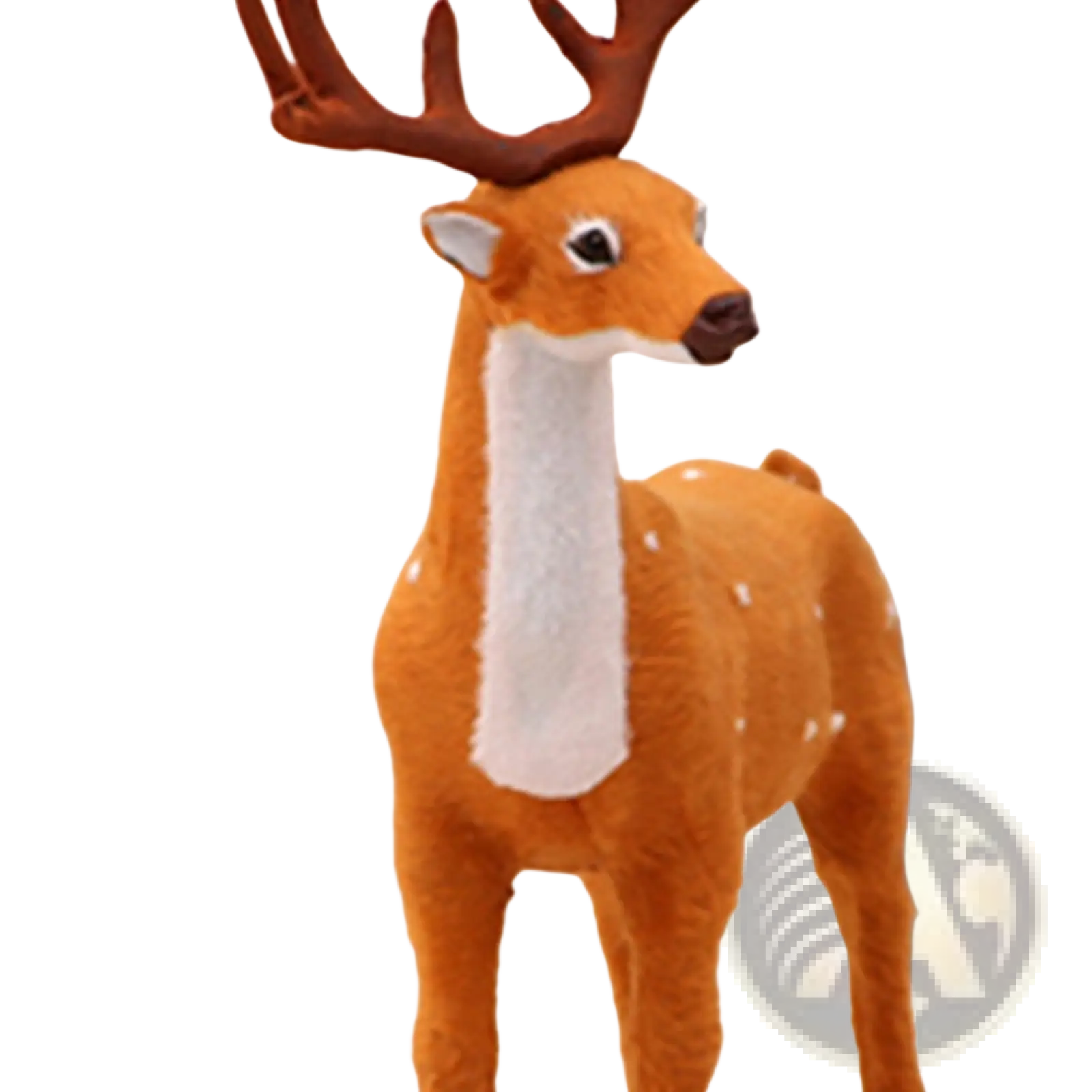 A plush orange Christmas deer toy with white fur neck and chest, brown antlers, black eyes, and small white spots