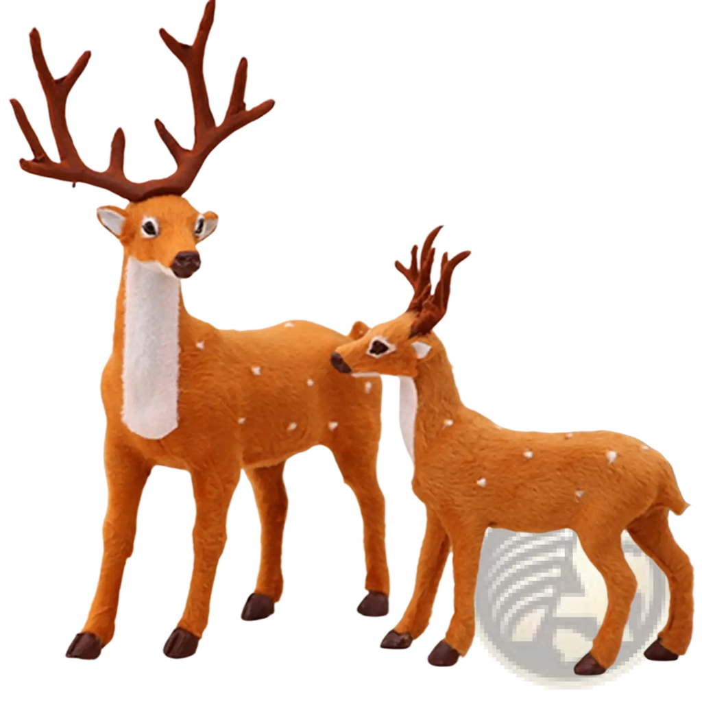 Christmas deer plush toy set featuring orange faux-fur deer with brown antlers and white spots