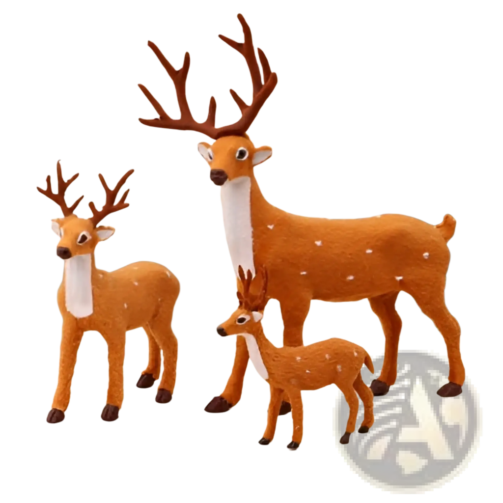 Set of three brown plastic deer figurines with white spots and festive antlers in Christmas deer plush toy set