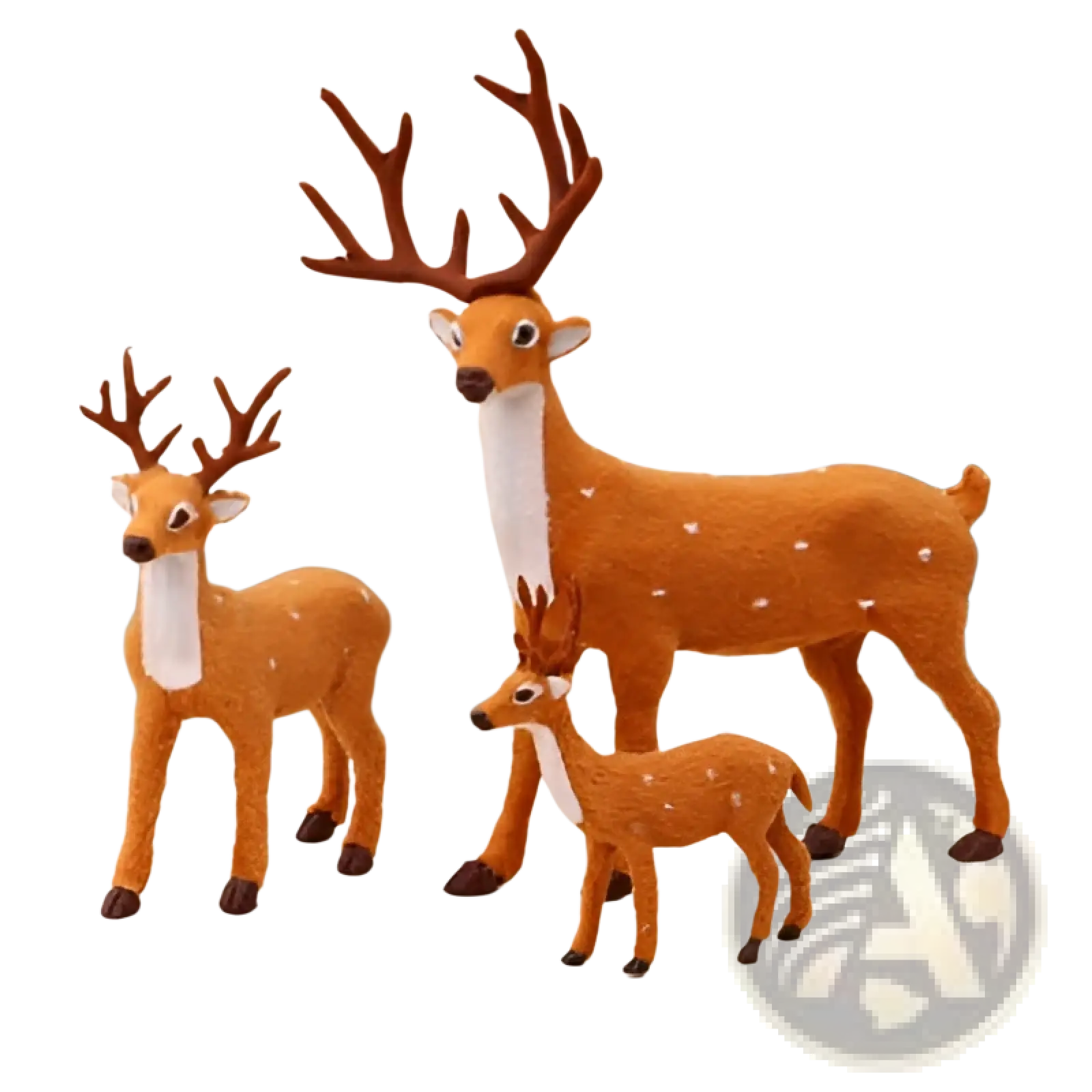 Set of three brown plastic deer figurines with white spots and festive antlers in Christmas deer plush toy set
