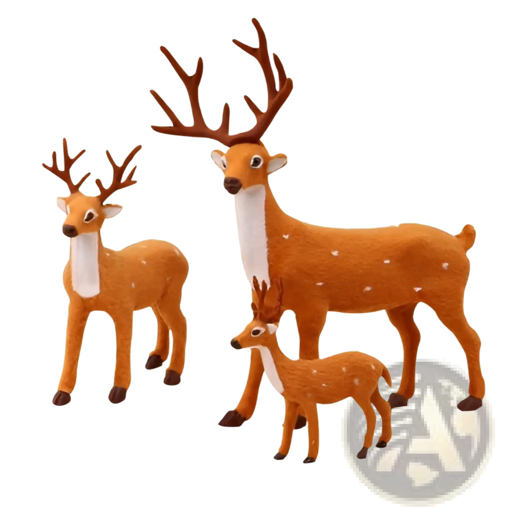 Set of three plastic Christmas deer figurines with brown antlers white necks and spotted tan bodies plush toy set