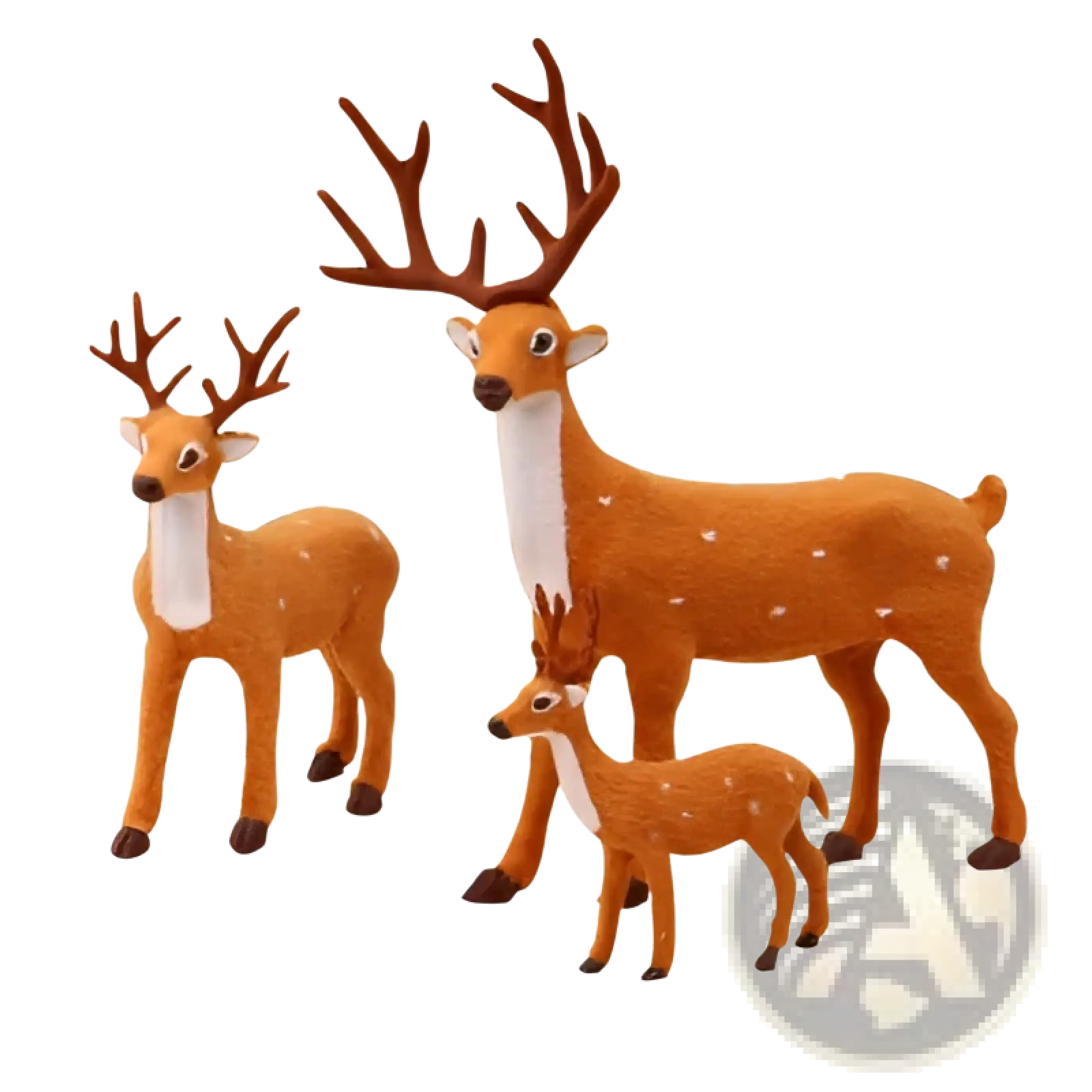 Set of three plastic Christmas deer figurines with brown antlers white necks and spotted tan bodies plush toy set