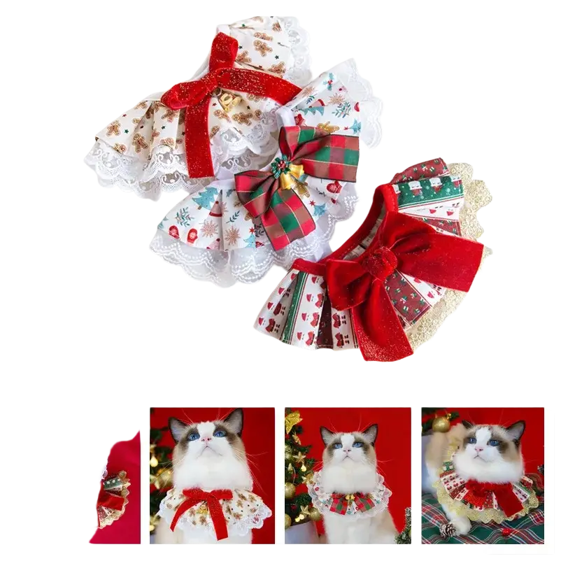 Christmas dog collar with bow and lace featuring red green and white velvet bows and festive lace patterns