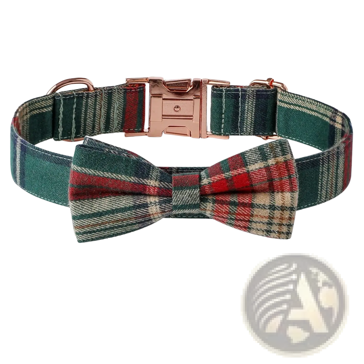 A festive green red and beige plaid Christmas dog collar with rose gold buckle and matching bow tie
