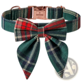 Christmas dog collar with rose gold buckle and matching bow in festive green red and cream plaid design