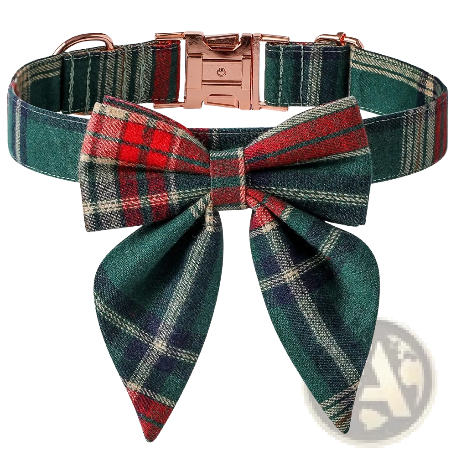 Christmas dog collar with rose gold buckle and matching bow in festive green red and cream plaid design