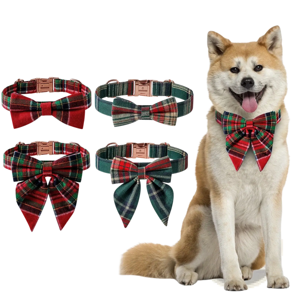 Christmas dog collar with red and green plaid bow tie and rose gold buckle for festive pet wear