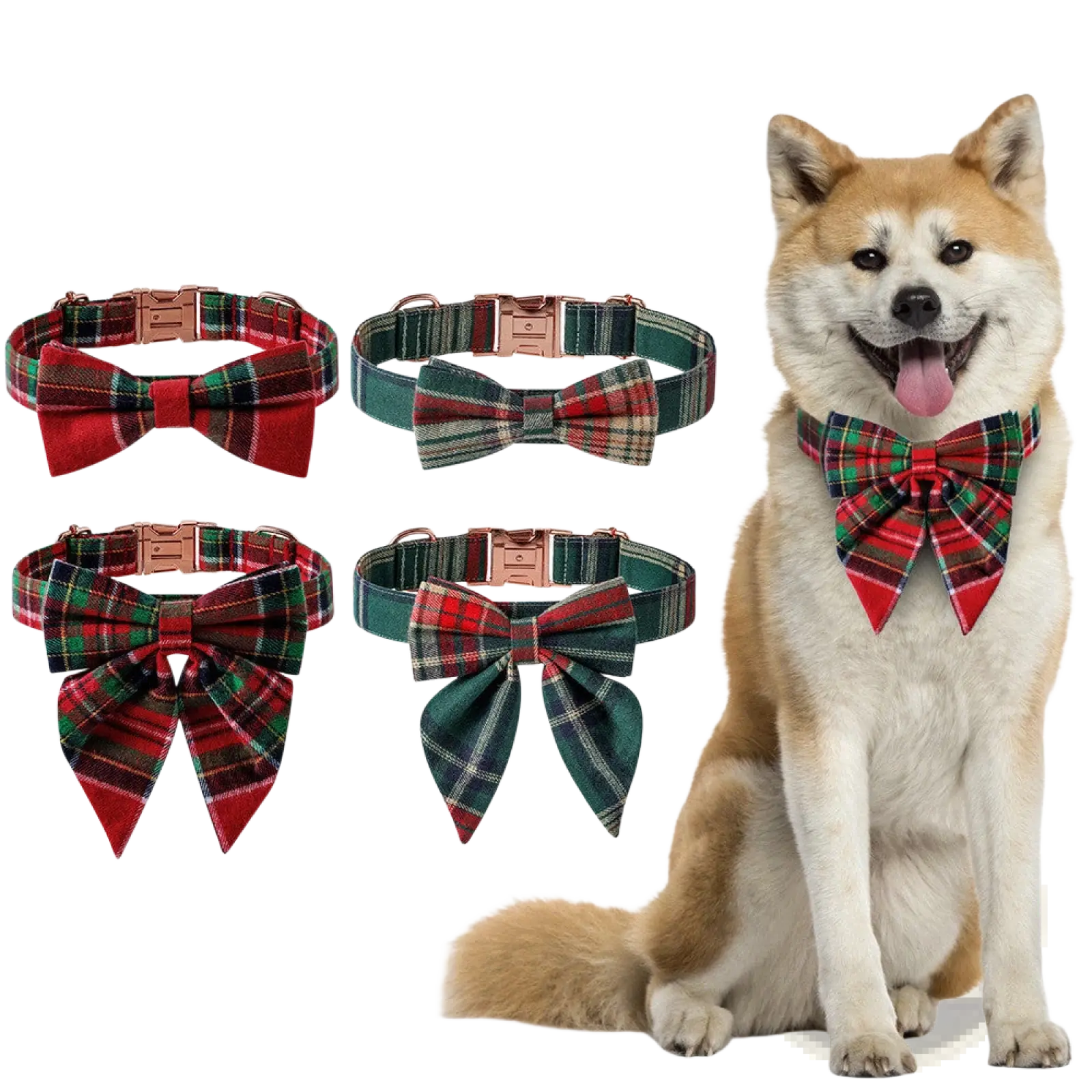 Christmas dog collar with red and green plaid bow tie and rose gold buckle for festive pet wear
