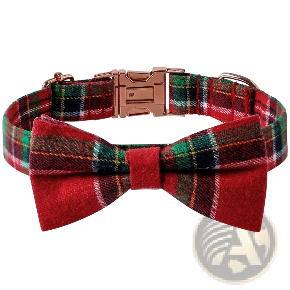 Christmas dog collar featuring a red and green plaid bow tie with rose gold buckle for festive occasions