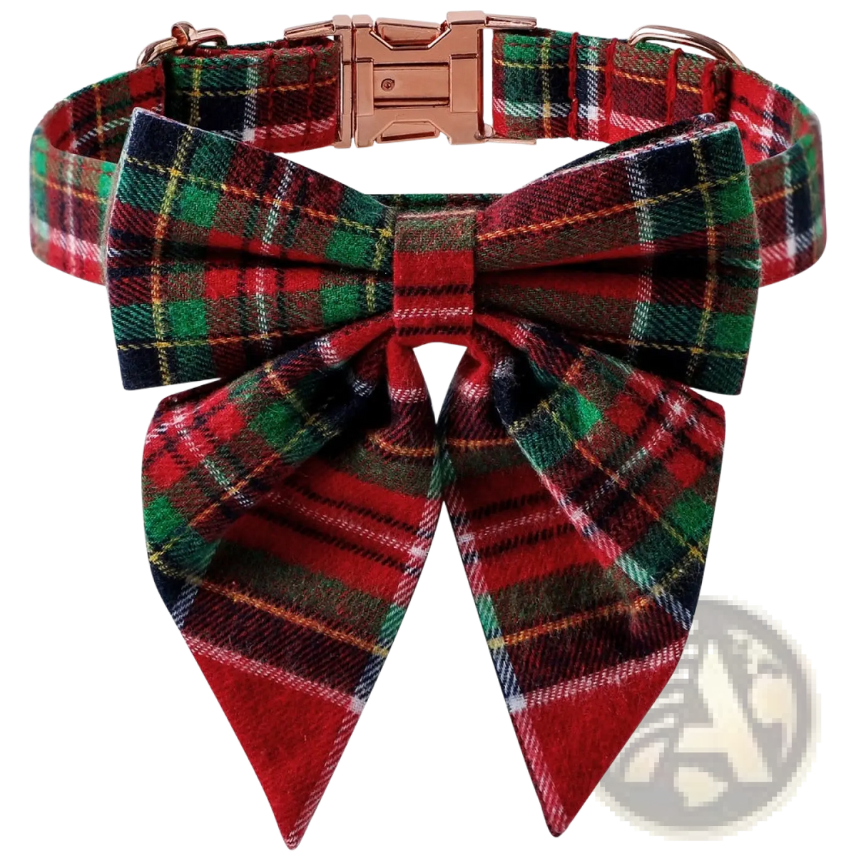 Christmas dog collar with red green and black plaid bow tie and rose gold metal buckle for festive wear
