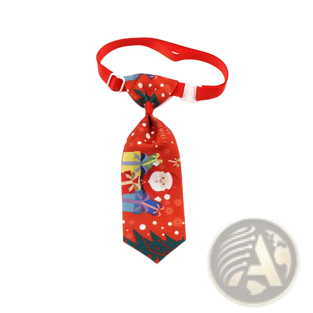 Red christmas-themed dog tie with santa gifts and snowflakes on ribbed fabric adjustable festive pet neckwear