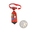 Red christmas-themed dog tie with santa gifts and snowflakes on ribbed fabric adjustable festive pet neckwear