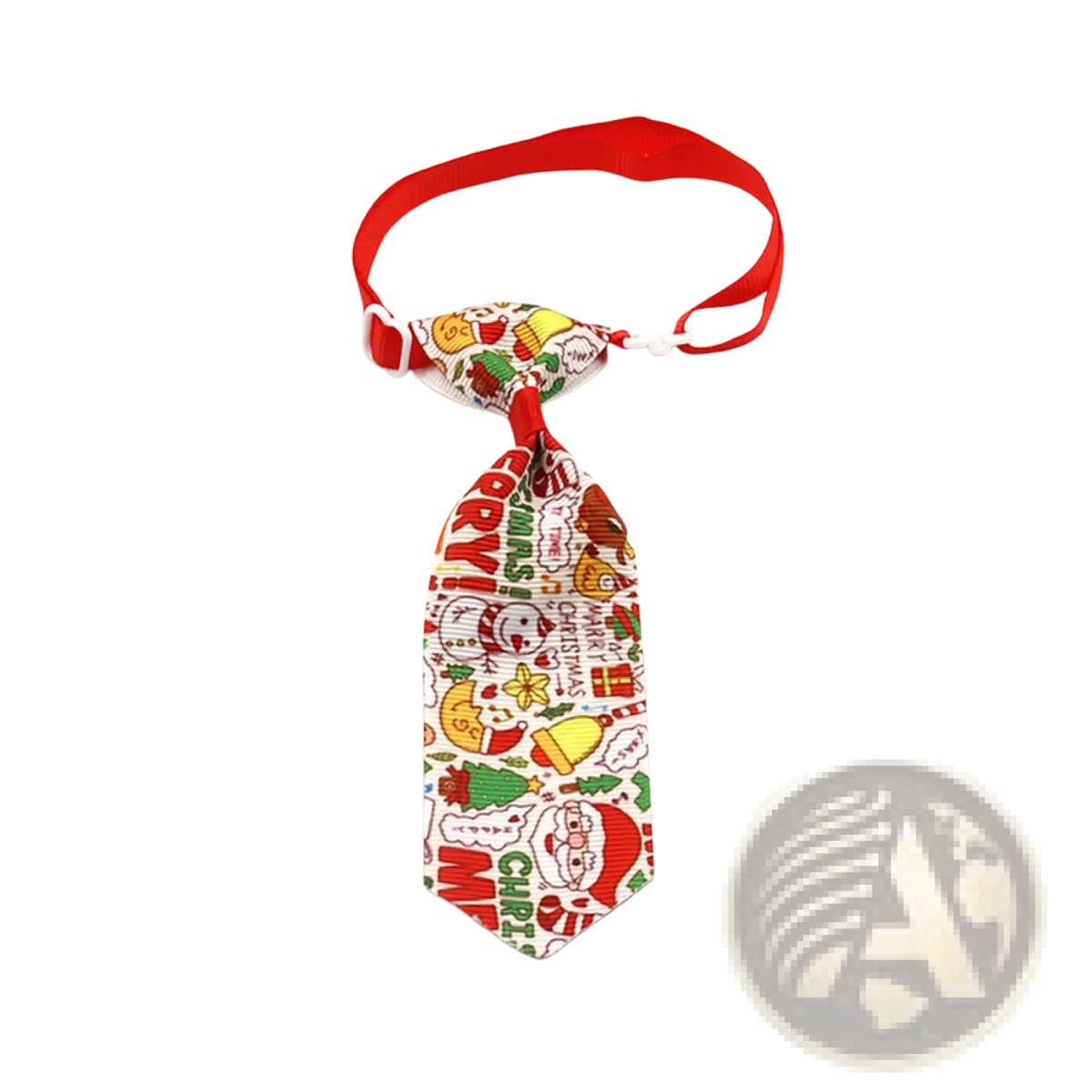 Christmas dog tie festive holiday pet neckwear in red white and green fabric featuring cartoon santa and bells design