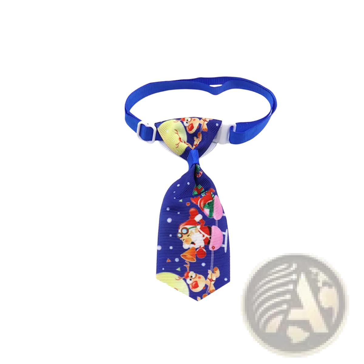Blue patterned adjustable dog tie with cartoon characters and white plastic clasps for festive holiday wear